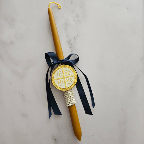 greek easter candle with navy ribbon
